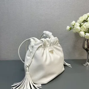 Prada Drawstring Bucket Bag Small White Gold Hardware