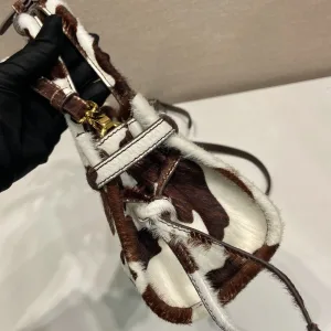 Prada Pony Hair Barrel Bag Small Brown White Gold Hardware