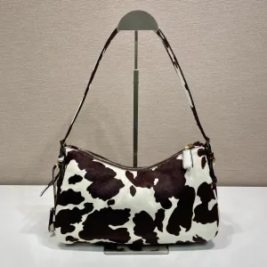 Prada Pony Hair Shoulder Bag Medium Brown White Silver Hardware