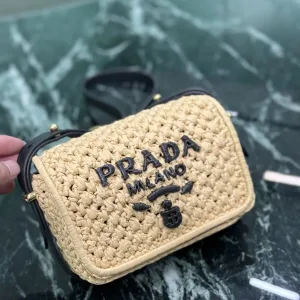 Prada Raffia Camera Bag Small Natural Black Gold Hardware