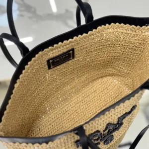 Prada Raffia Logo Tote Small Natural Black Gold Hardware