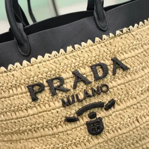 Prada Raffia Logo Tote Small Natural Black Gold Hardware Variant 2