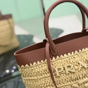 Prada Raffia Logo Tote Small Natural Brown Gold Hardware