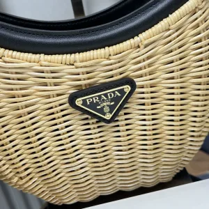 Prada Raffia Moon Bag Medium Natural Black Gold Hardware
