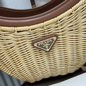 Prada Raffia Moon Bag Medium Natural Brown Gold Hardware