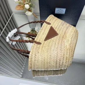Prada Raffia Tote Medium Natural Burgundy Gold Hardware