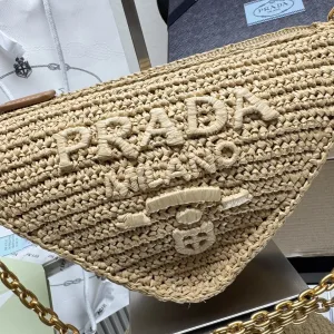 Prada Raffia Triangle Shoulder Bag Medium Natural Gold Hardware