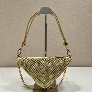 Prada Raffia Triangle Shoulder Bag Small Natural Gold Hardware