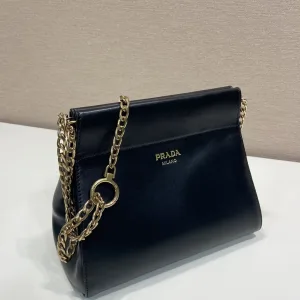 Prada Saffiano Chain Shoulder Bag Small Black Gold Hardware