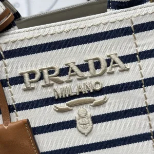 Prada Striped Canvas Tote Medium White Black Gold Hardware