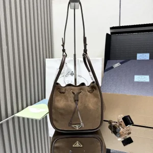 Prada Suede Bucket Bag Medium Taupe Gold Hardware