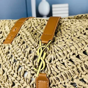 Saint Laurent Raffia Basket Tote Bag Large Beige Gold Hardware Exact Size Unknown 005