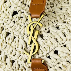 Saint Laurent Raffia Basket Tote Bag Large Blue Gold Hardware Exact Size Unknown 004