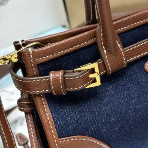 Prada Buckle Crossbody Medium Navy Brown Silver Hardware