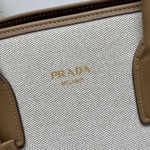 Prada Canvas Top Handle Medium White Brown Gold Hardware