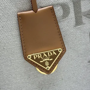 Prada Canvas Tote Medium White Brown Gold Hardware
