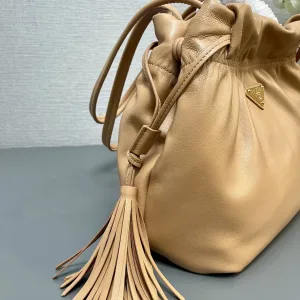 Prada Drawstring Bucket Bag Small Caramel Gold Hardware