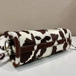 Prada Pony Hair Barrel Bag Small Brown White Gold Hardware
