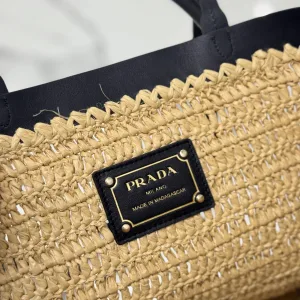 Prada Raffia Logo Tote Small Natural Black Gold Hardware
