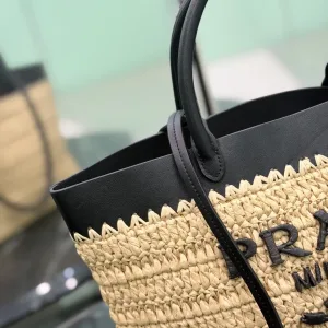 Prada Raffia Logo Tote Small Natural Black Gold Hardware Variant 2