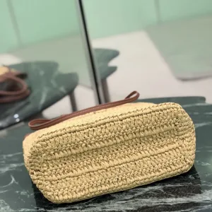 Prada Raffia Logo Tote Small Natural Brown Gold Hardware