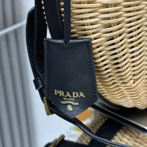 Prada Raffia Moon Bag Medium Natural Black Gold Hardware