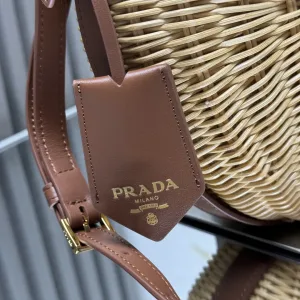 Prada Raffia Moon Bag Medium Natural Brown Gold Hardware