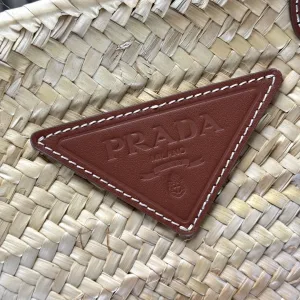 Prada Raffia Tote Medium Natural Burgundy Gold Hardware