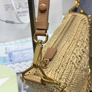 Prada Raffia Triangle Shoulder Bag Medium Natural Gold Hardware