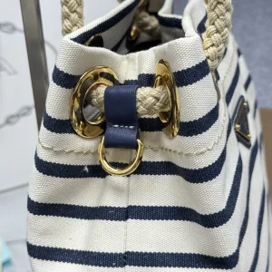 Prada Striped Bucket Bag Medium White Black Gold Hardware
