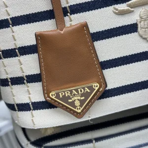 Prada Striped Canvas Tote Medium White Black Gold Hardware