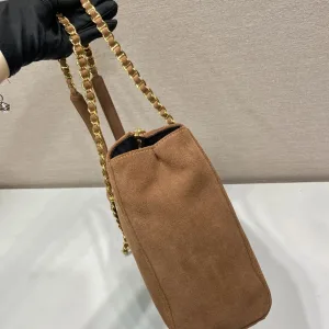 Prada Suede Tote Medium Brown Gold Hardware