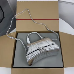 Balenciaga Hourglass Top Handle Small Silver Croc 23cm