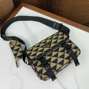 Prada Geometric Backpack Medium Black Beige Silver Hardware