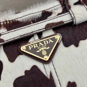 Prada Pony Hair Barrel Bag Small Brown White Gold Hardware