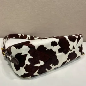 Prada Pony Hair Shoulder Bag Medium Brown White Silver Hardware
