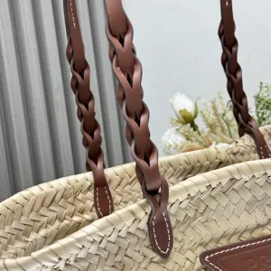 Prada Raffia Tote Medium Natural Burgundy Gold Hardware