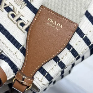 Prada Striped Canvas Tote Medium White Black Gold Hardware