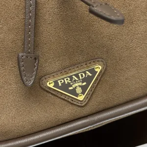 Prada Suede Bucket Bag Medium Taupe Gold Hardware