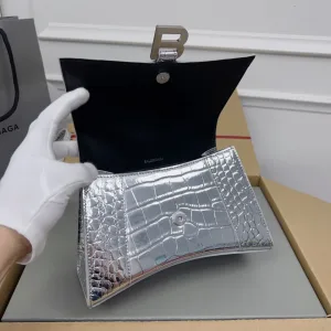 Balenciaga Hourglass Top Handle Small Silver Croc 23cm