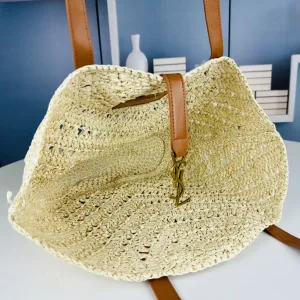 Saint Laurent Raffia Basket Tote Bag Large Blue Gold Hardware Exact Size Unknown 004
