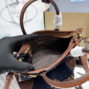 Prada Buckle Crossbody Medium Navy Brown Silver Hardware