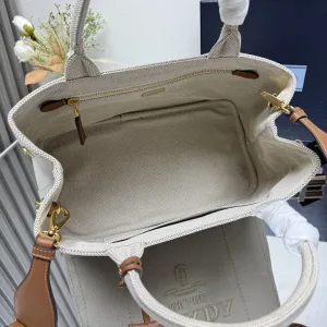 Prada Canvas Tote Medium White Brown Gold Hardware Variant 2