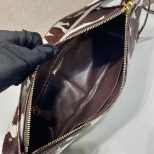 Prada Pony Hair Shoulder Bag Medium Brown White Silver Hardware