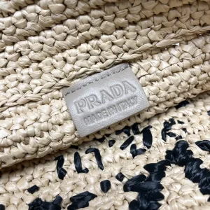 Prada Raffia Logo Tote Small Natural Purple Gold Hardware