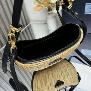 Prada Raffia Moon Bag Medium Natural Black Gold Hardware