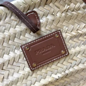 Prada Raffia Tote Medium Natural Burgundy Gold Hardware