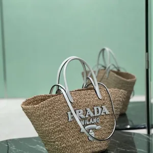 Prada Raffia Tote Medium Natural White Silver Hardware
