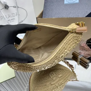 Prada Raffia Triangle Shoulder Bag Medium Natural Gold Hardware