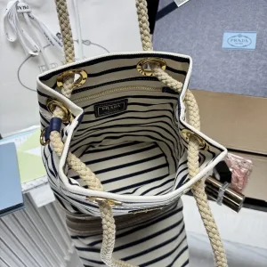 Prada Striped Bucket Bag Medium White Black Gold Hardware